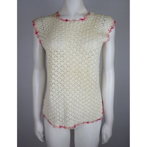 VINTAGE 1960s 1970s WOMEN'S CREAM CROCHET DOILIES STYLE PULLOVER SWEATER - S - Picture 2 of 6